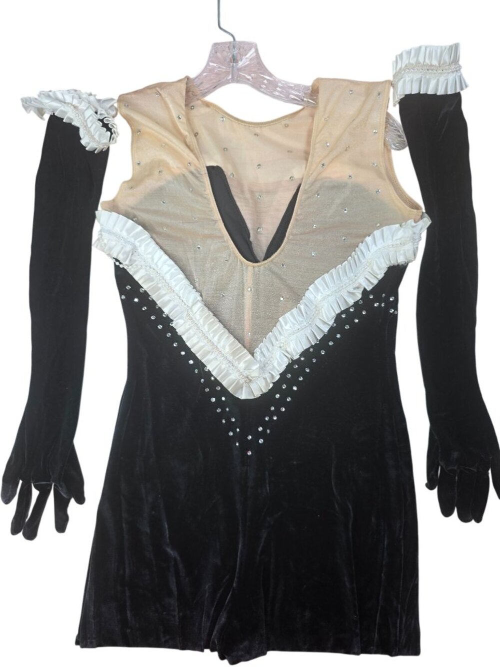 Vintage Black Velvet & Mesh Rhinestone Jumpsuit With Ruffled Trim & Matching Glo